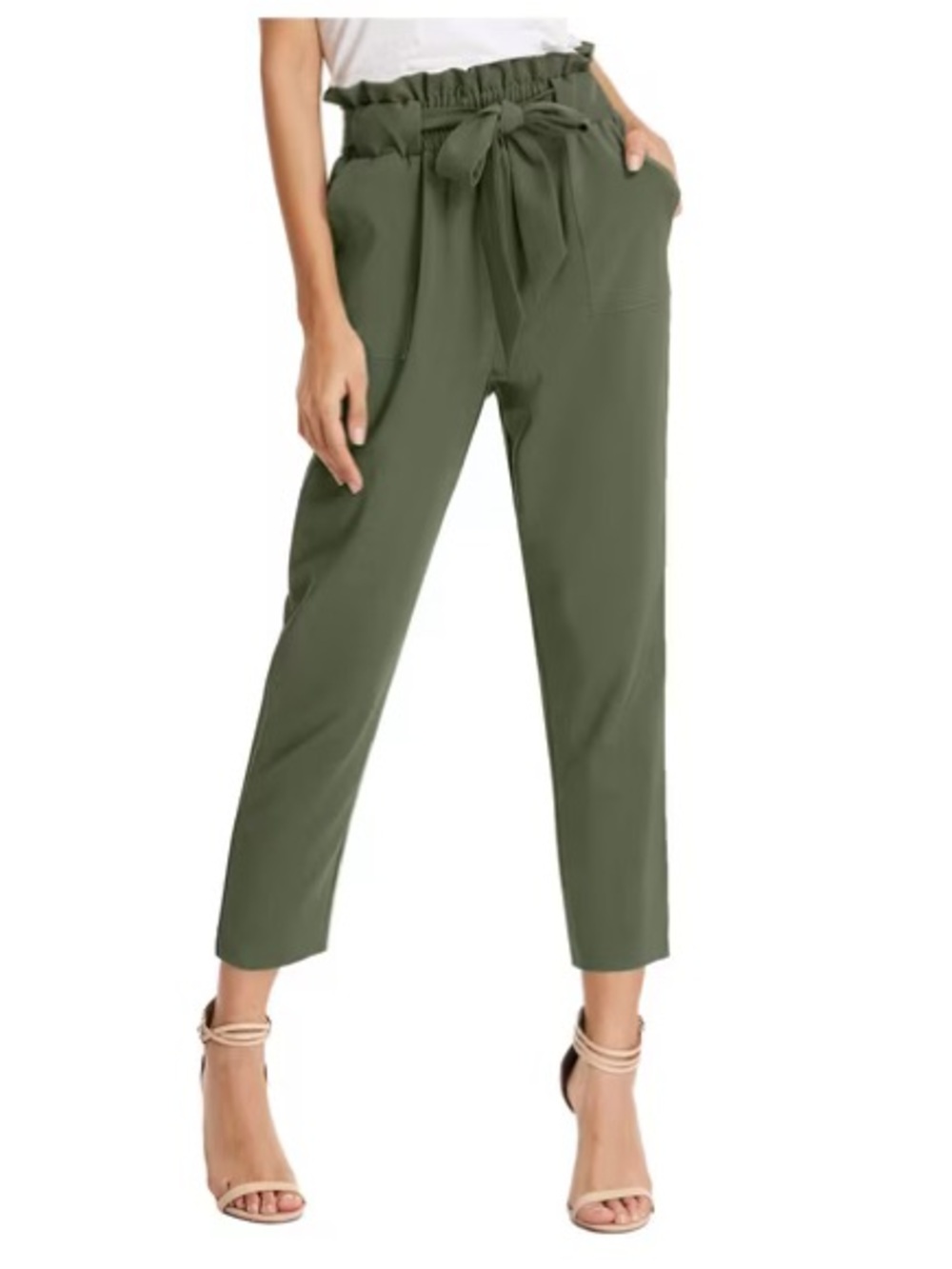 Dynamite Olive Green Paperbag Waist Ankle Trousers